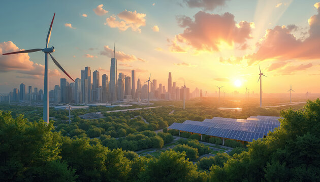 Modern city skyline with wind turbines and solar panels at sunset. Green spaces and renewable energy power urban development. Future eco friendly city growth.