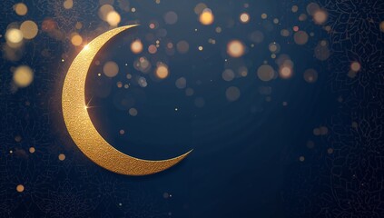 Golden crescent moon with intricate patterns on a dark blue background with bokeh lights effect