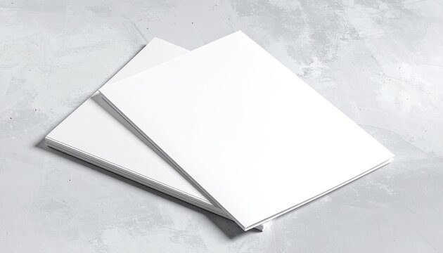 Two blank white magazines or brochures stacked on a grey concrete background
