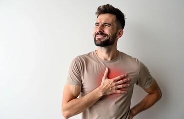 Man feels sharp chest pain, touches heart area with hand. Grimacing face shows discomfort, possible cardiovascular issue, health problem, medical emergency. Close up studio shot.