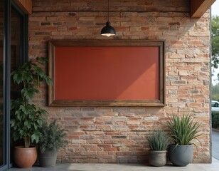 Old brick wall features blank brown wooden framed sign. Black pendant lamp hangs above. Various green potted plants sit below. Outdoor space ready for custom text logo. Creates welcoming store facade.