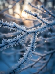 Close-up of frosty tree branch with ice crystals in winter landscape, sunlit