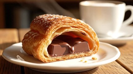 appealing chocolate-filled pastry served on a small white plate with a warm - Powered by Adobe