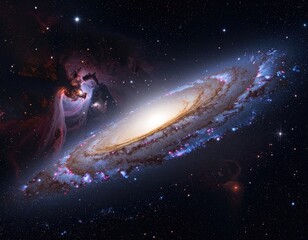 Angled spiral galaxy with a glowing core and cosmic dust near a vast nebula