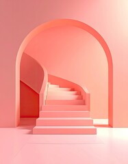 Obraz premium A minimal pink staircase curves upward through a sunlit architectural archway