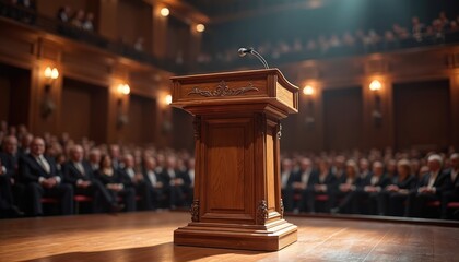 Wooden podium with microphone on stage before large audience. Formal event in grand auditorium with audience seated. Speaker prepared to deliver speech from elevated platform. Public address setting.