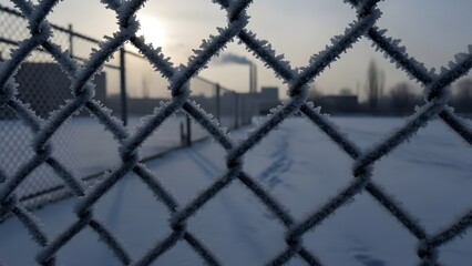 Frost-covered chain-link fence in winter, industrial buildings in snowy background