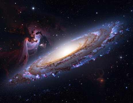 Angled spiral galaxy with a glowing core and cosmic dust near a vast nebula