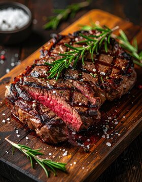 Grilled steak sliced medium-rare, seasoned with rosemary and salt on a wood board
