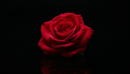 A single vibrant red rose blossom centered against a stark black background with subtle reflections