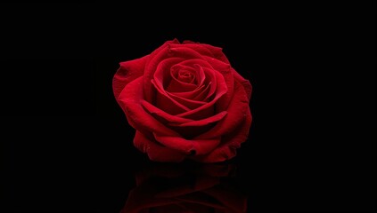A single red rose blossom isolated against a plain black background with a subtle reflection below
