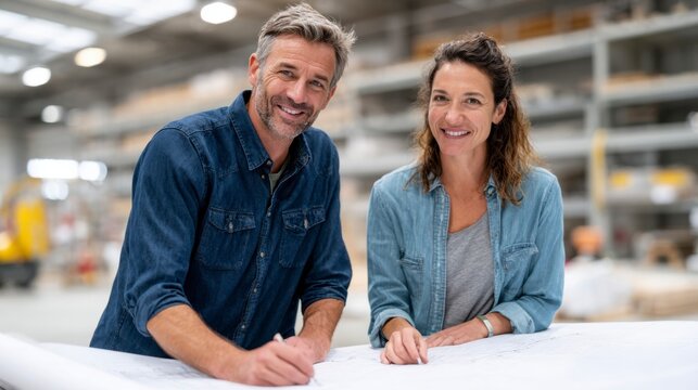 Smiling Architects Collaborating on Blueprint in Modern Workspace, Showcasing Creativity and Teamwork in Construction Industry