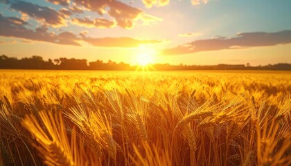 Obraz premium A golden wheat field glows under a beautiful, warm sunset with sun flare