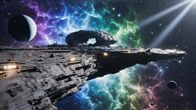 Cosmic voyager spacecraft drifting through a vibrant nebula amidst stellar celestial bodies