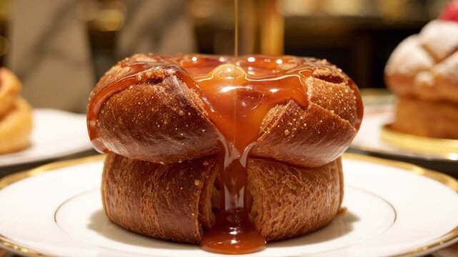 Close-up of a freshly baked bread roll with caramel sauce pouring over its