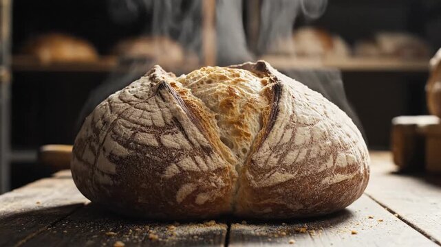 Close-up of artisan bread loaf with detailed crust texture in a rustic bakery