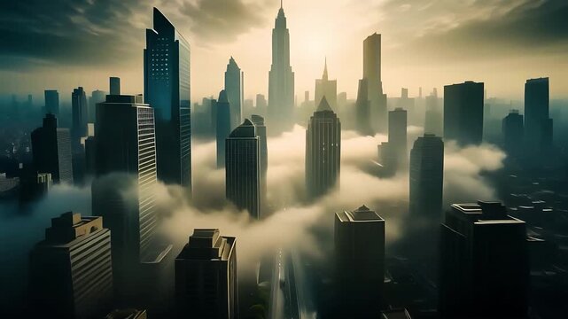 Aerial view of a city skyline with skyscrapers shrouded in fog, dramatic lighting, urban landscape