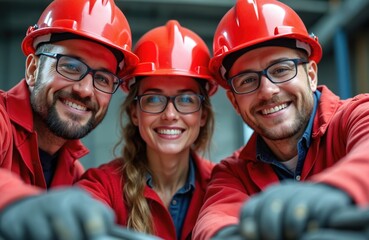 Three construction workers in red helmets and safety glasses smile for selfie. They wear red jackets and work together. Team is happy and ready for job. Background shows electrical equipment.