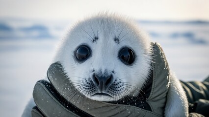 Baby harp seal in snowy Arctic environment in soft natural style, wildlife rescue