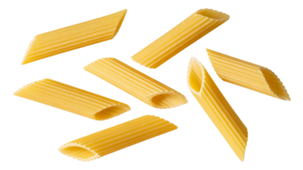 Penne pasta scattered  png  isolated on transparent background, ready for delicious Italian dishes and culinary creations, vibrant and appetizing