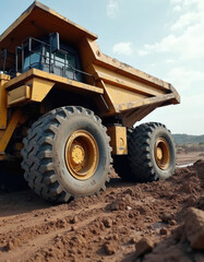 Obraz premium Massive yellow dump truck drives on a muddy construction site. Its huge tires are covered in dirt and mud, showing its power and ruggedness. The vehicle is ready for heavy work.