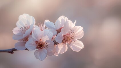 Close up of delicate white blossoms on a branch against a soft blurred background in a serene setting