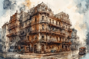 An atmospheric artistic illustration of an abandoned European neighborhood with a majestic old building on the street corner