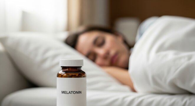 Bottle of melatonin pills on bedside table near sleeping person in bed, aiding rest and sleep in a bedroom setting, natural light softly illuminates the scene.