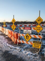 Warning signs and safety barriers mark off a desolate construction site in winter light