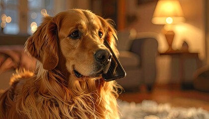Golden Retriever holding smartphone, lit by warm light, looking concerned in a home
