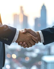 Two suited individuals shaking hands in a business deal setting. City backdrop