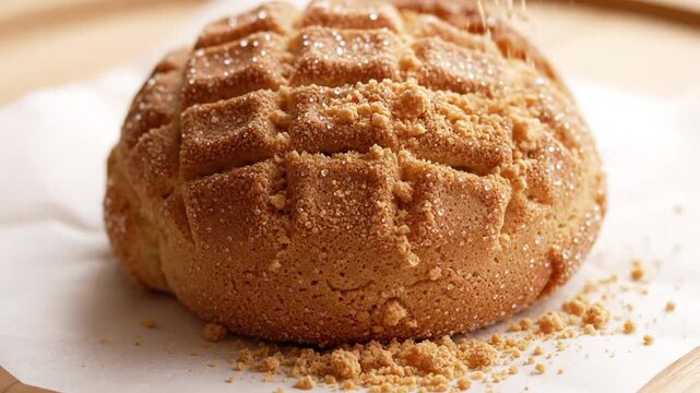Close-up of a cookie with criss-cross pattern covered in sugar on parchment