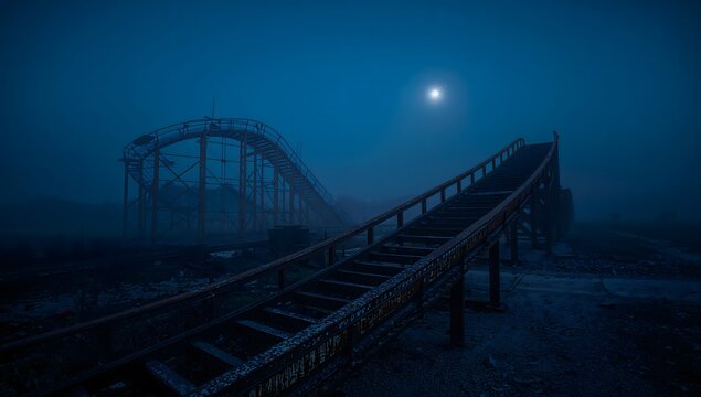 Rusty Deserted Roller Coaster at Night with Moonlight and Atmospheric Fog