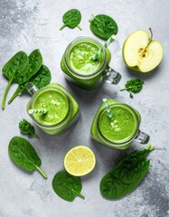 Fresh green smoothies in jars, with spinach, apple & lime
