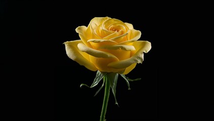 A single yellow rose with a green stem against a stark black background in a studio setting