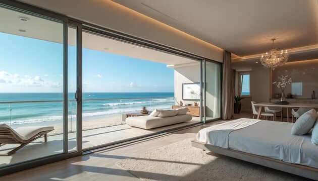 Modern beachfront condo interior with stunning ocean view. Sliding glass doors open to wide balcony. Bedroom, living space feature clean design. Sun lounger, calm sea waves, sandy beach below. Luxury - Powered by Adobe