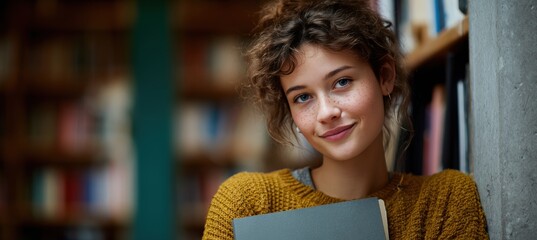 Teenage Girl Smiling in Classroom with Bookshelf Background