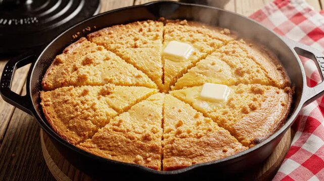 Delicious golden-brown cornbread served in a cast iron skillet with butter on