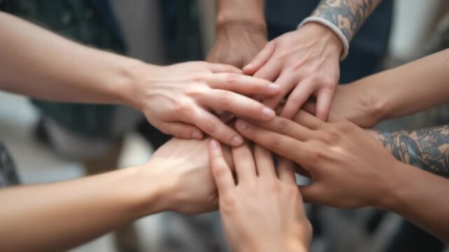 Close up of diverse hands in a team supporting each other, symbolizing unity and collaboration. 4k video