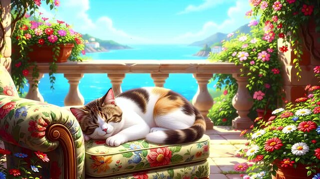 Charming pair of cats napping on a sunlit terrace overlooking the ocean and blooming garden