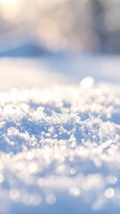 Close-up of frosty snow crystals, lit by warm winter sunlight, dreamy background