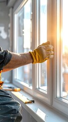 Person in gloves adjusting a white window frame with sunlight beaming through