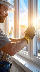 Construction worker installing window, sunlight streaming in, detail