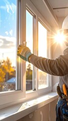 Worker installing a new window; sun shines through