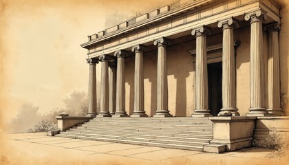 Classical building sketch with columns, steps shows ancient architecture. Detailed line drawing art with shadows on textured paper creates historic atmosphere. Ideal for educational or travel content.