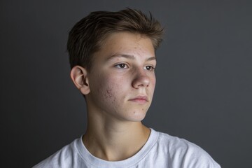 Obraz premium Expressive Studio Portrait of Teen Boy with Acne Scars in White T-Shirt