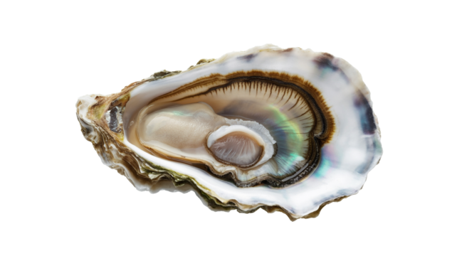 Freshly opened oyster  png  isolated on transparent background, showing shimmering shell interior with delicate edible meat inside for seafood lovers