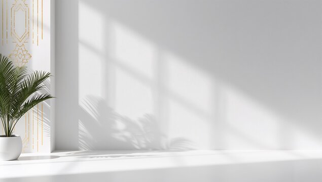 A plant in a white pot sits next to a white wall with light streaming through a window casting shadows