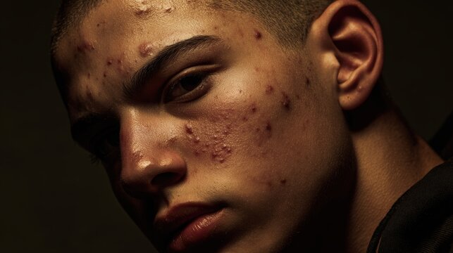 Studio Portrait of Teen Boy with Acne and Buzz Cut in Butterfly Lighting