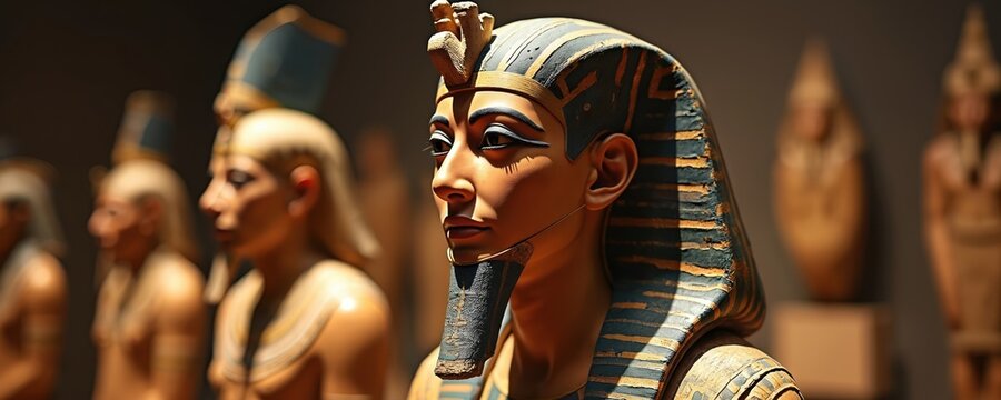 Ancient Egyptian pharaoh statues stand in museum show. Detailed artifacts showcase old Egyptian culture, history, and royalty. Displayed sculptures represent past rulers and gods.